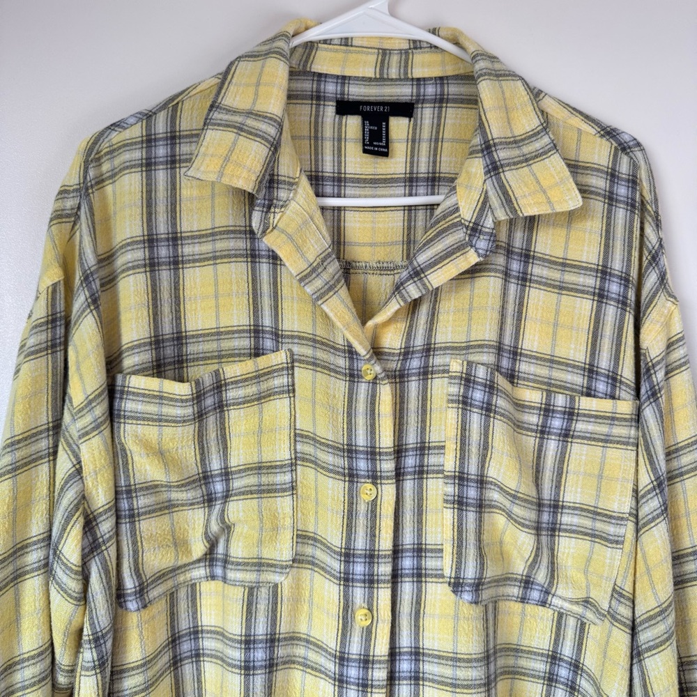 Forever 21‎ Cropped Yellow Plaid Flannel Top Women's Size Medium Fall Western - Picture 2 of 9